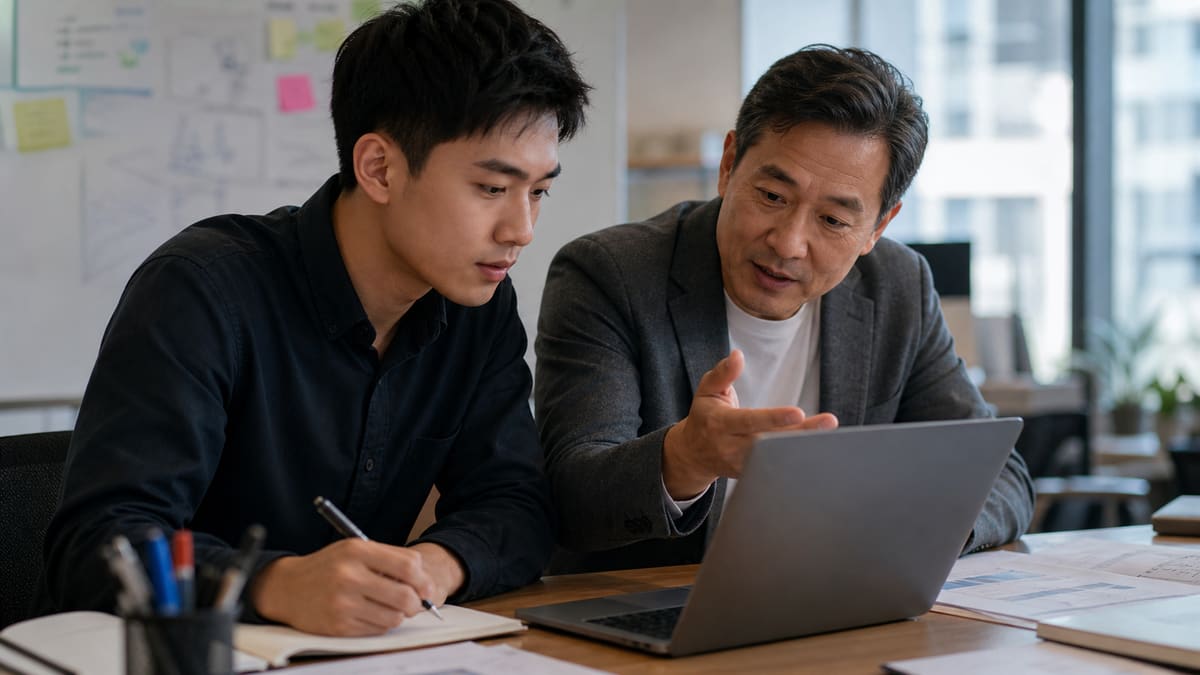 Early-career professionals learning to review AI-assisted work with a senior mentor