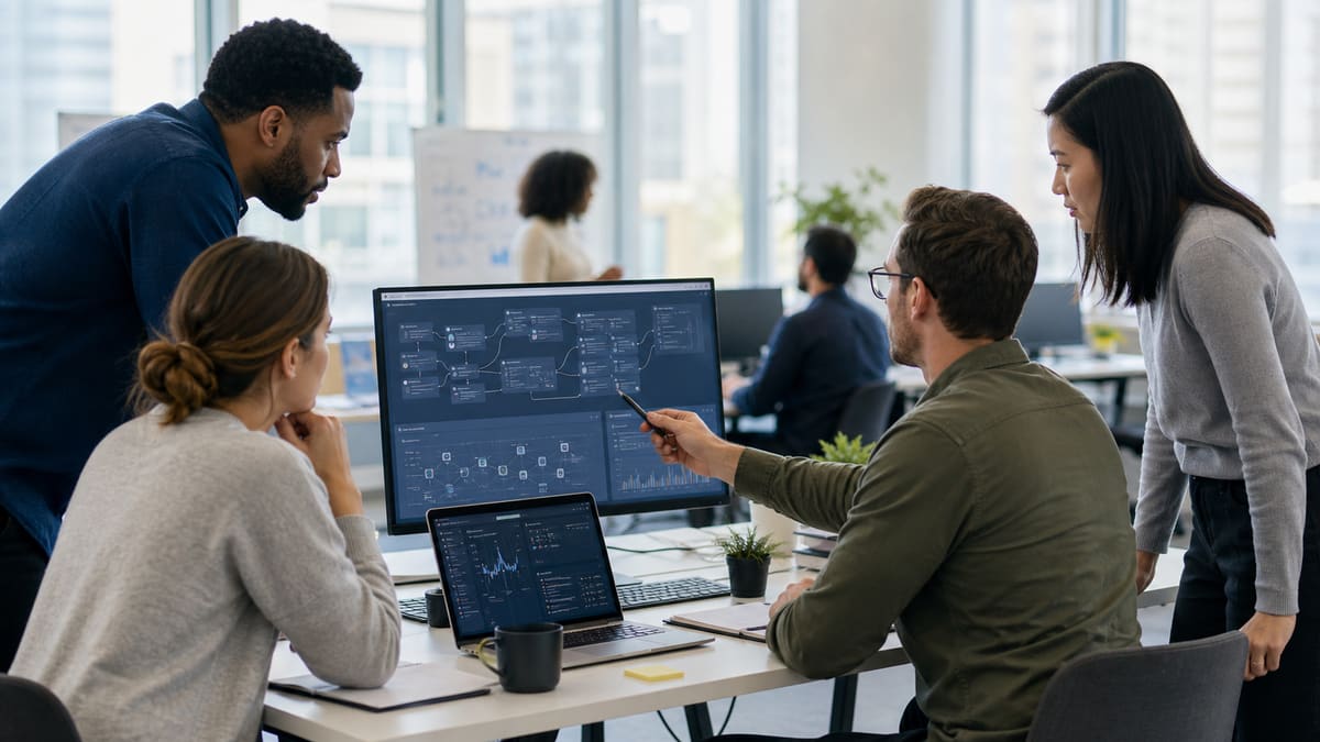 Professionals supervising AI workflow interfaces in a modern workplace.