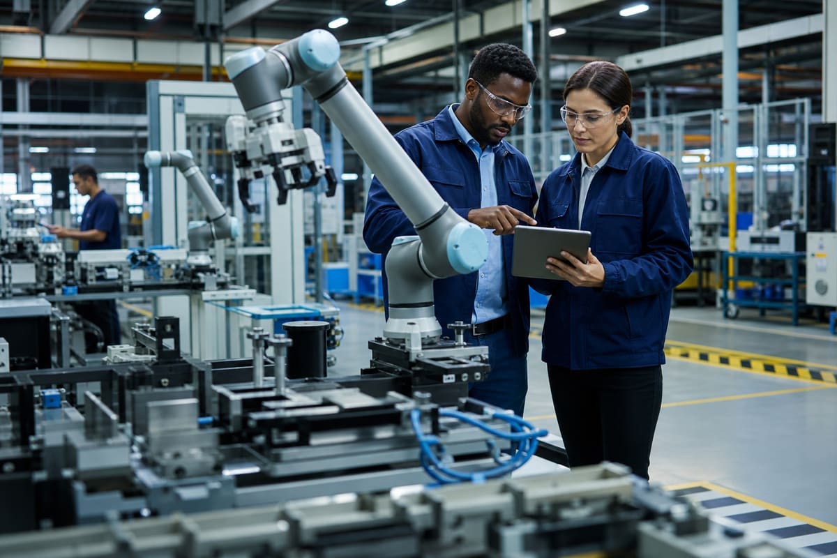 Technicians supervising collaborative robots on a modern manufacturing floor