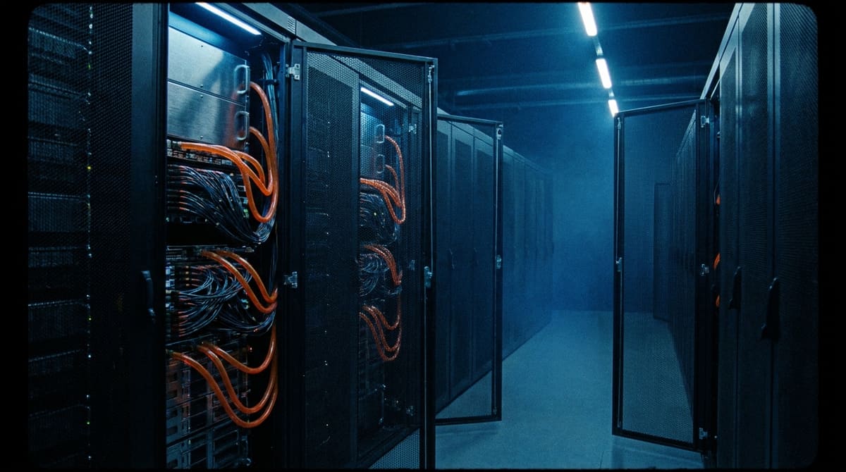 Rows of high-density AI accelerator racks in a dark data hall, each cabinet laced with orange liquid-cooling lines and dense fibre bundles under cold blue aisle lighting.