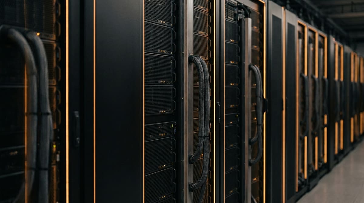 A dim data-centre aisle of AI accelerator racks with amber status lighting and liquid-cooling manifolds running along each cabinet.