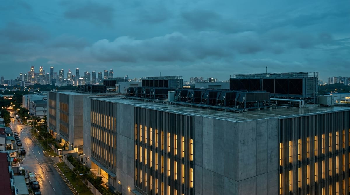Singapore industrial district at dusk with a modern multi-storey data-centre building in the foreground, rooftop chillers and cooling plant visible, and the city skyline rising behind under tropical clouds.