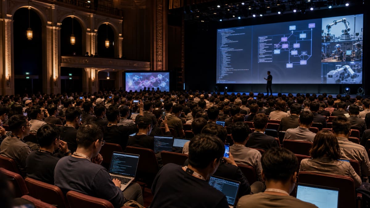 A packed AI engineering conference in a heritage theatre, with builders using laptops while a speaker presents agent workflow diagrams on stage.