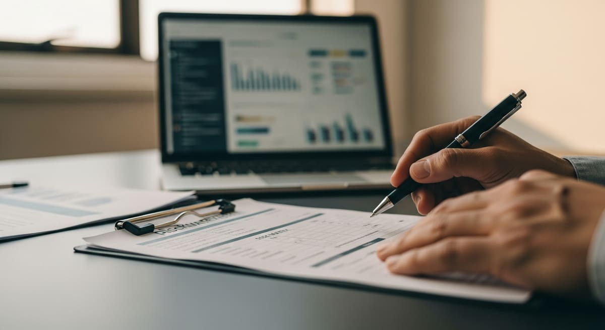 AI governance review desk with checklist documents and a risk matrix