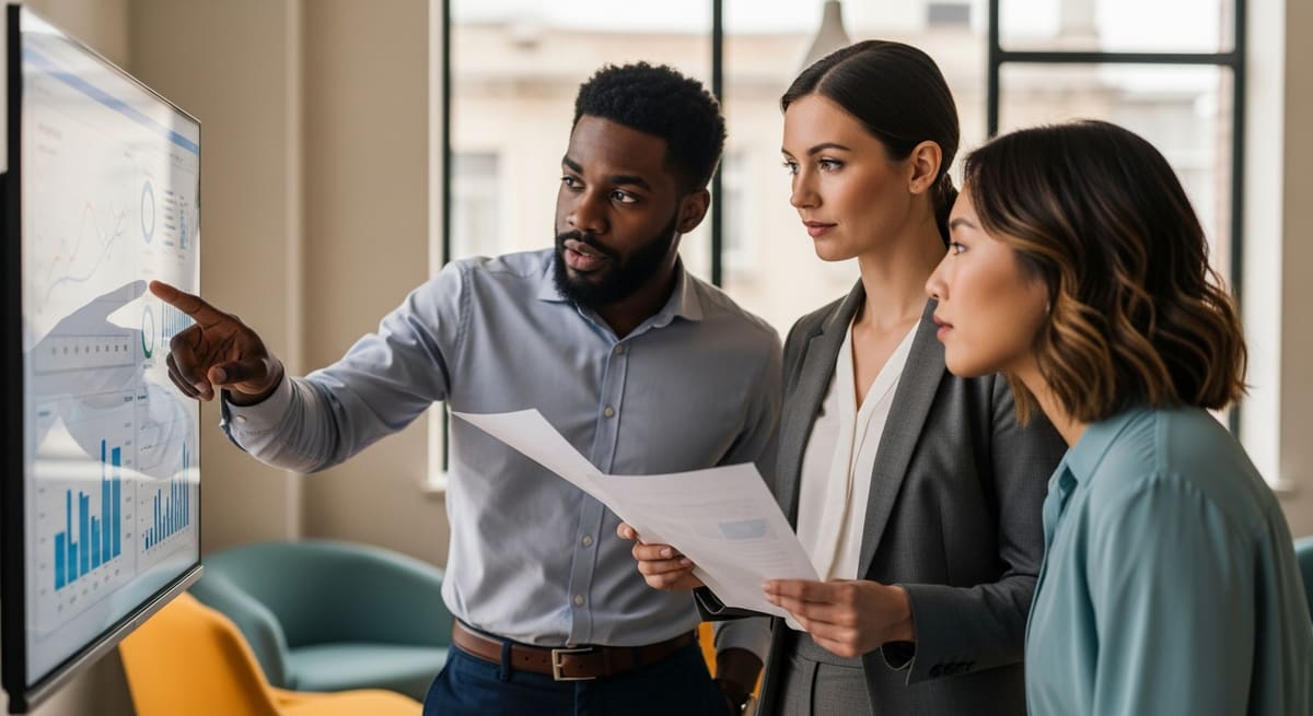 Professionals reviewing AI-assisted analysis together in a modern workplace.