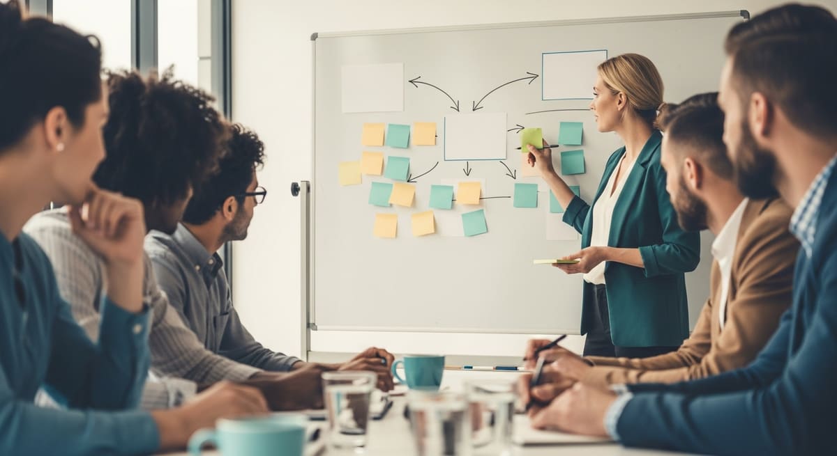 Cross-functional team reviewing AI workflow cards during a training session