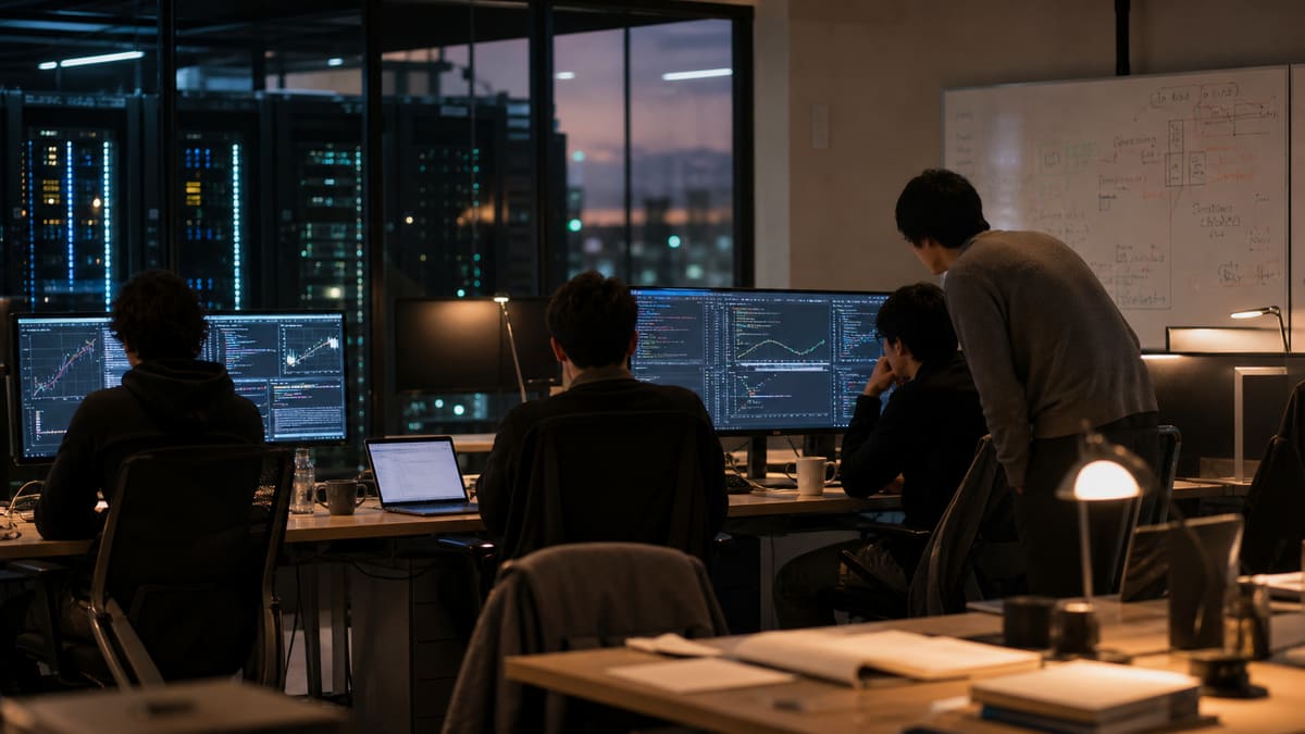 Researchers working late in an AI lab with training dashboards, code, and server racks in the background.