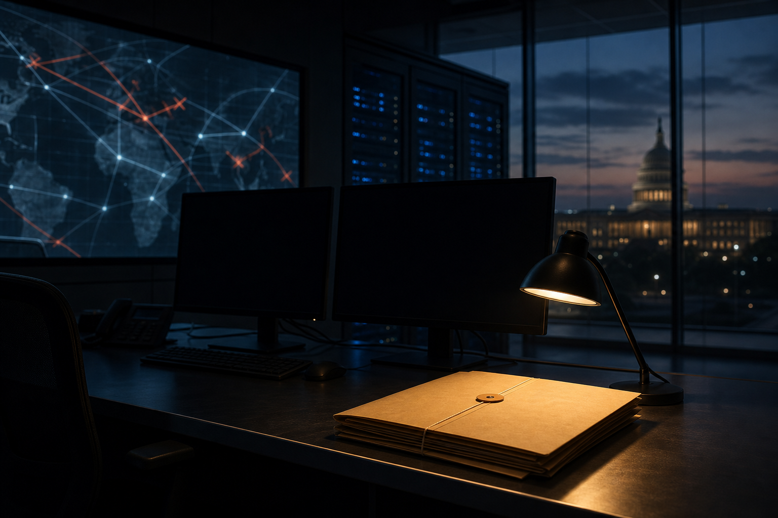 A dim high-security operations room at dusk with dark monitors, a sealed directive folder under a desk lamp, and a government building visible through glass.