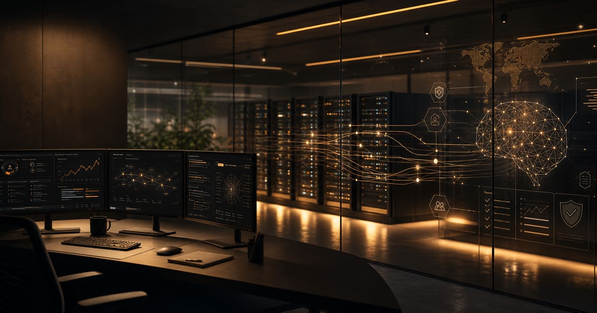 Abstract enterprise AI operations room with server racks, safety dashboards, and API network lines.
