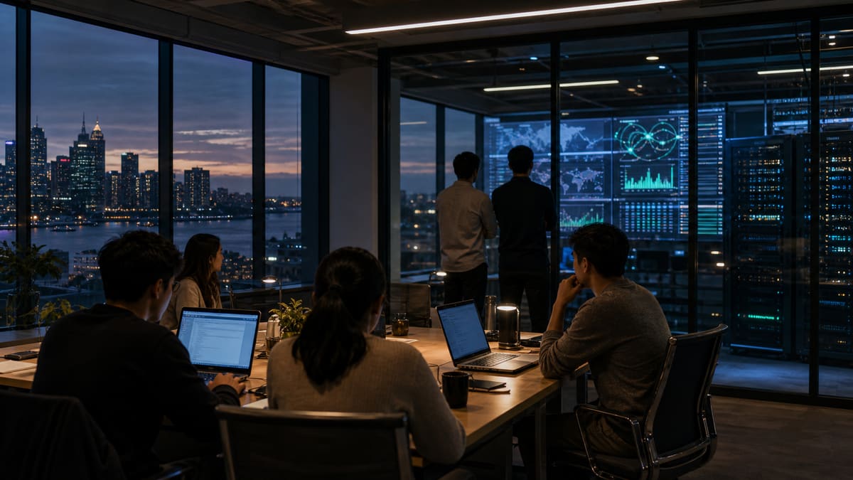 Enterprise technology teams in a Sydney office reviewing AI infrastructure dashboards with server operations in the background.