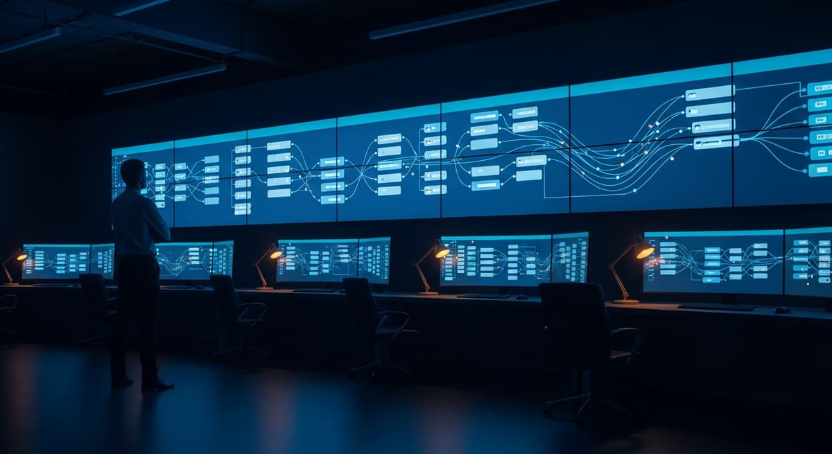 A dim enterprise operations room with a wall of monitors displaying agent workflow graphs in blue tones.