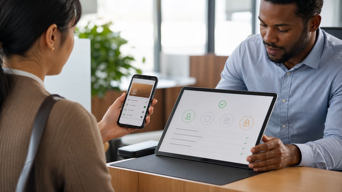 Fictional professional presenting a smartphone credential while a staff member verifies it on a tablet.
