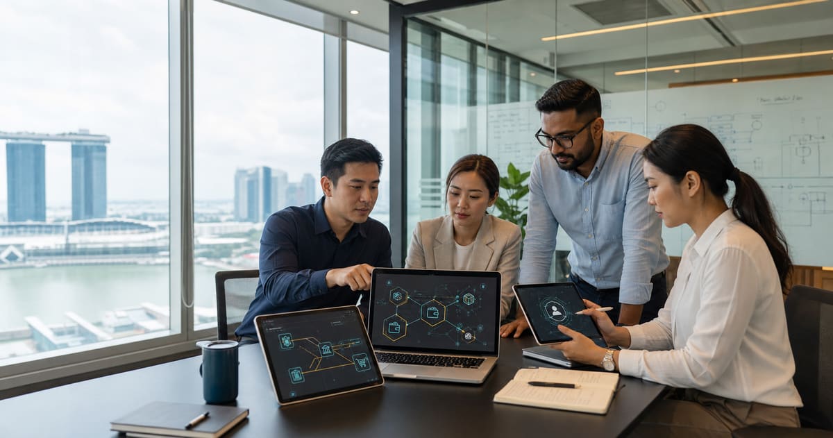 Fictional Web3 product team reviewing digital identity, wallet and tokenization workflows in a Singapore fintech office.