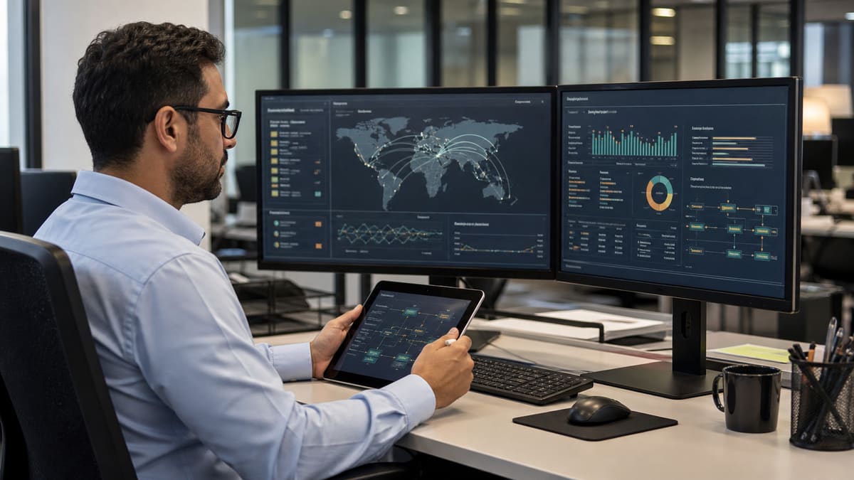 Fictional finance operations specialist reviewing tokenized settlement dashboards in a regulated office.