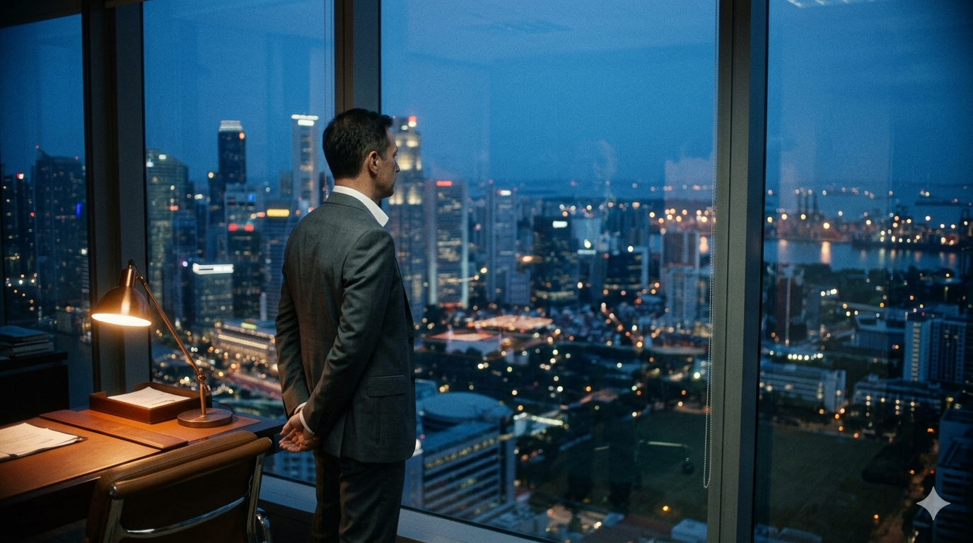 Singapore's Marina Bay financial district skyline at dusk.