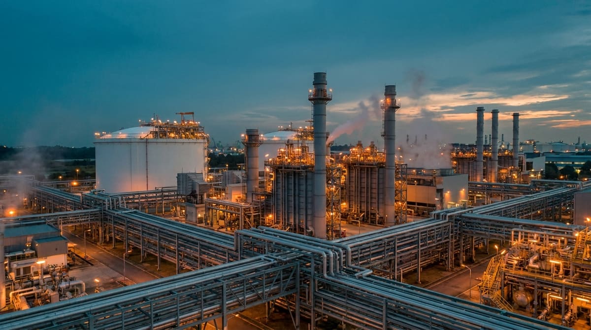 Jurong Island's energy-and-chemicals infrastructure at dusk — cogeneration stacks, an LNG storage tank and a lattice of pipelines — the industrial ecosystem the low-carbon data centre park is designed to plug into.