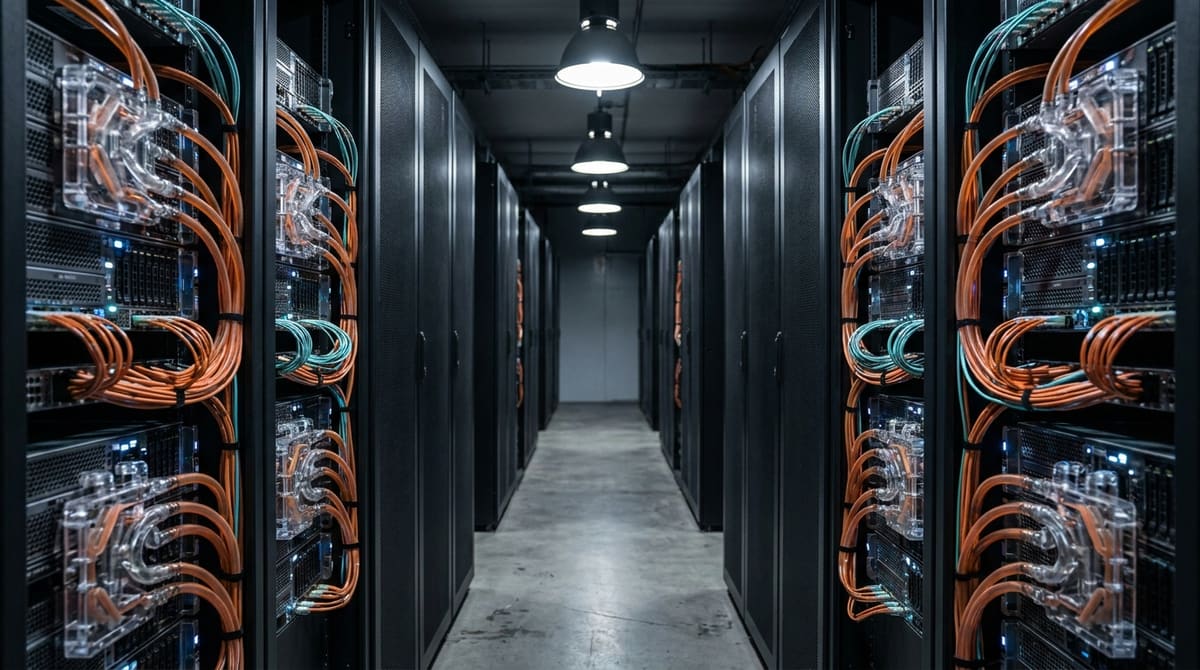 A cold aisle of high-density AI server racks in a Singapore data hall, each cabinet laced with direct-to-chip liquid-cooling manifolds and dense fibre bundles under blue-white lighting.