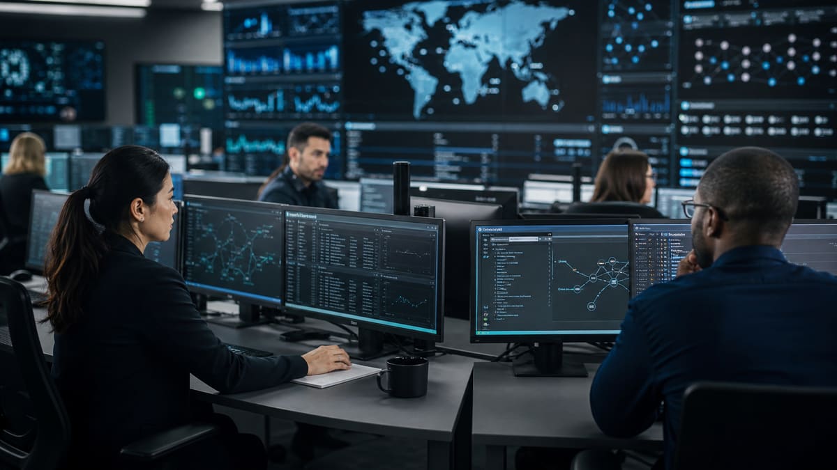 Cybersecurity analysts monitoring AI agent activity in a security operations center