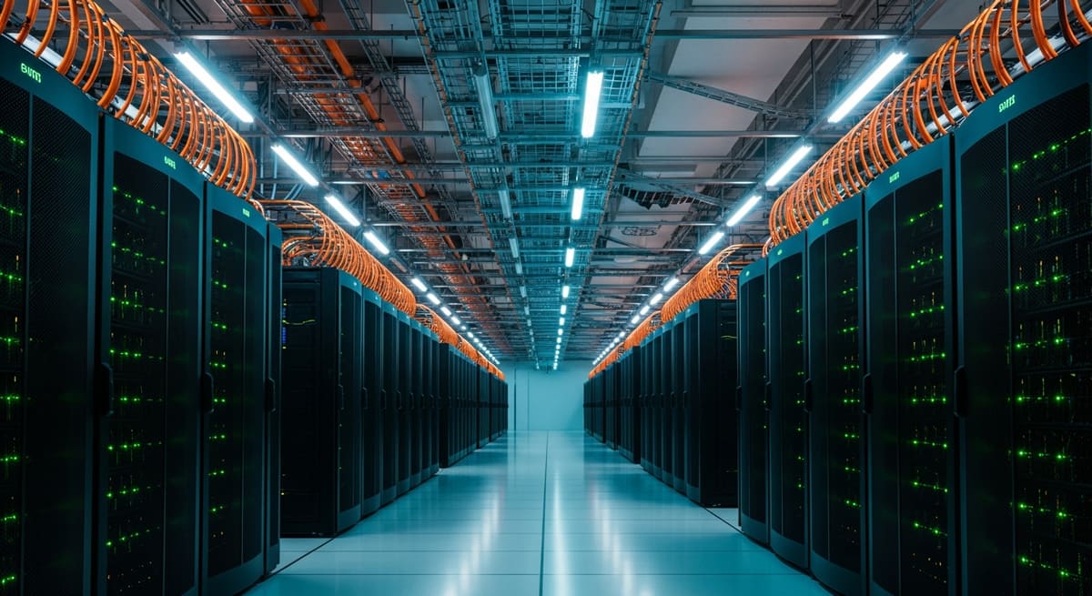 Rows of high-density GPU racks with liquid-cooling pipework inside a hyperscale AI data centre hall.