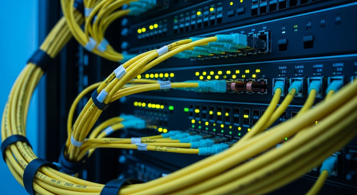 Dense fibre-optic cabling routed into high-speed network switches inside an AI data centre rack.
