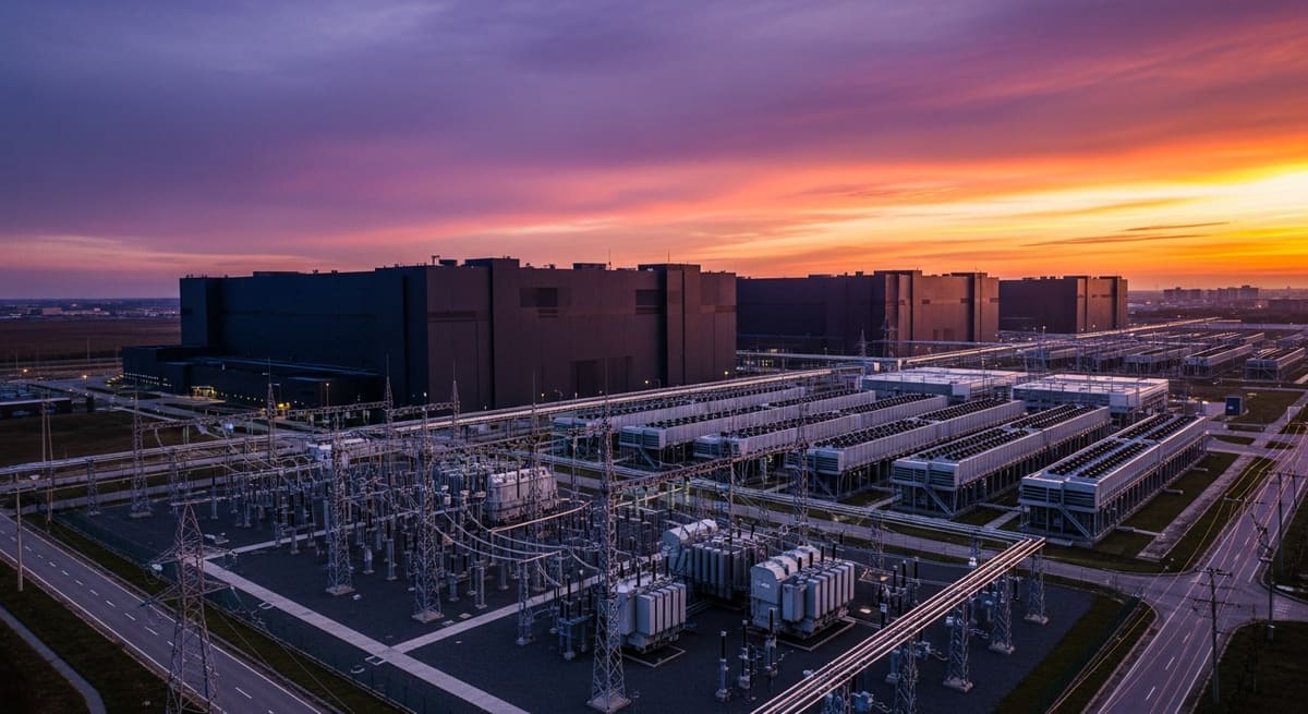 AI data centre campus at dusk with substation, transformers and rows of dry coolers beside the server halls.