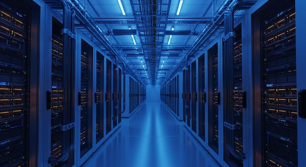High-density AI data centre racks with liquid-cooling hardware and overhead power distribution.