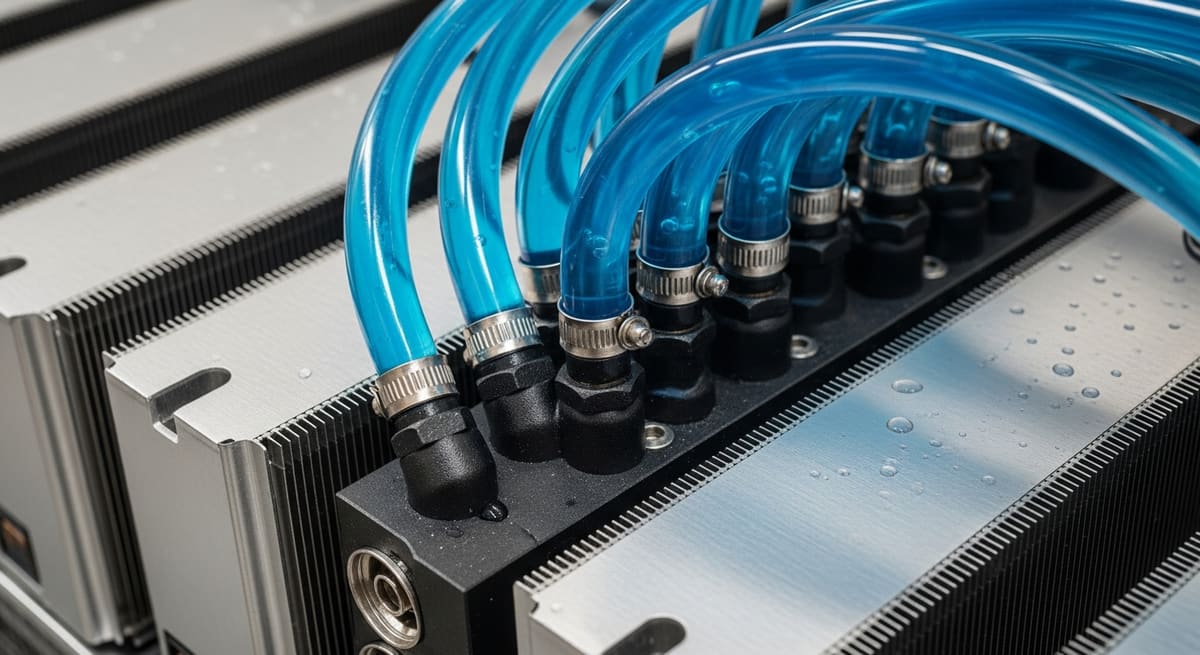 Close-up of liquid-cooling manifolds and coolant lines inside a dense AI server rack.