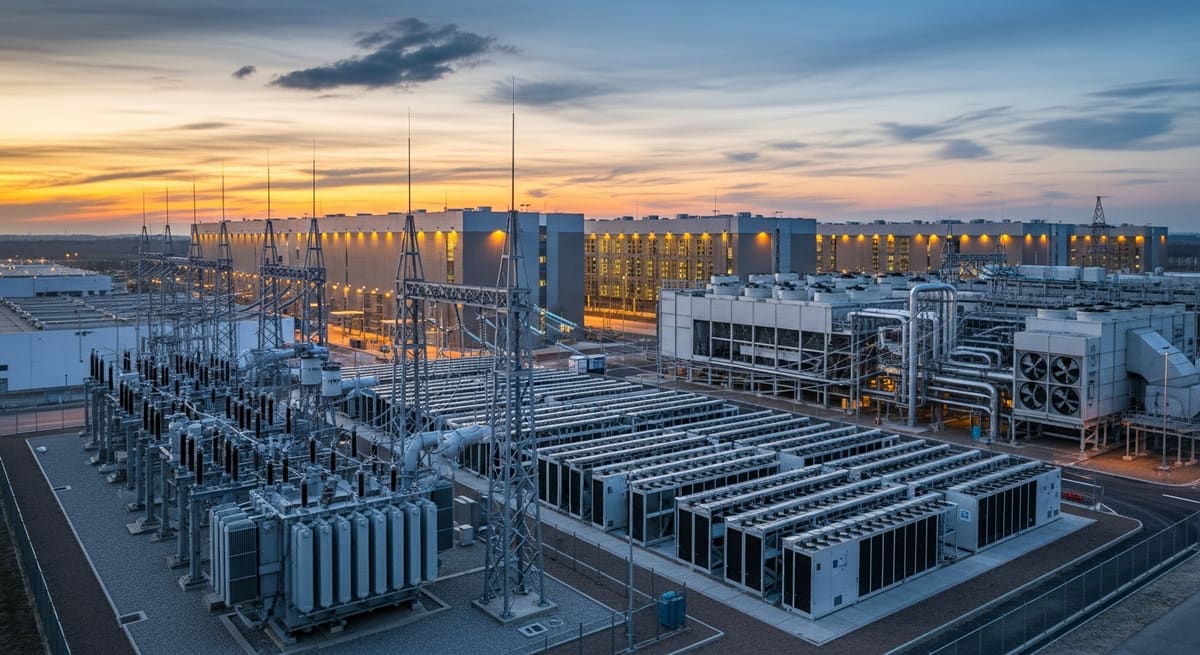 AI data centre campus with substation, transformers and cooling equipment beside server-hall buildings at dusk.