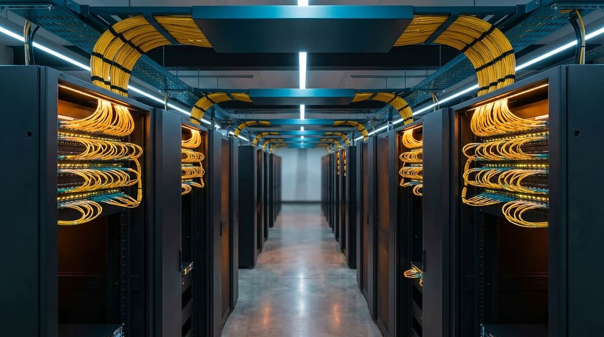 Meet-me room aisle in a carrier-neutral data centre, with dense bundles of yellow fibre patch cables running between overhead raceways and cabinet patch panels.