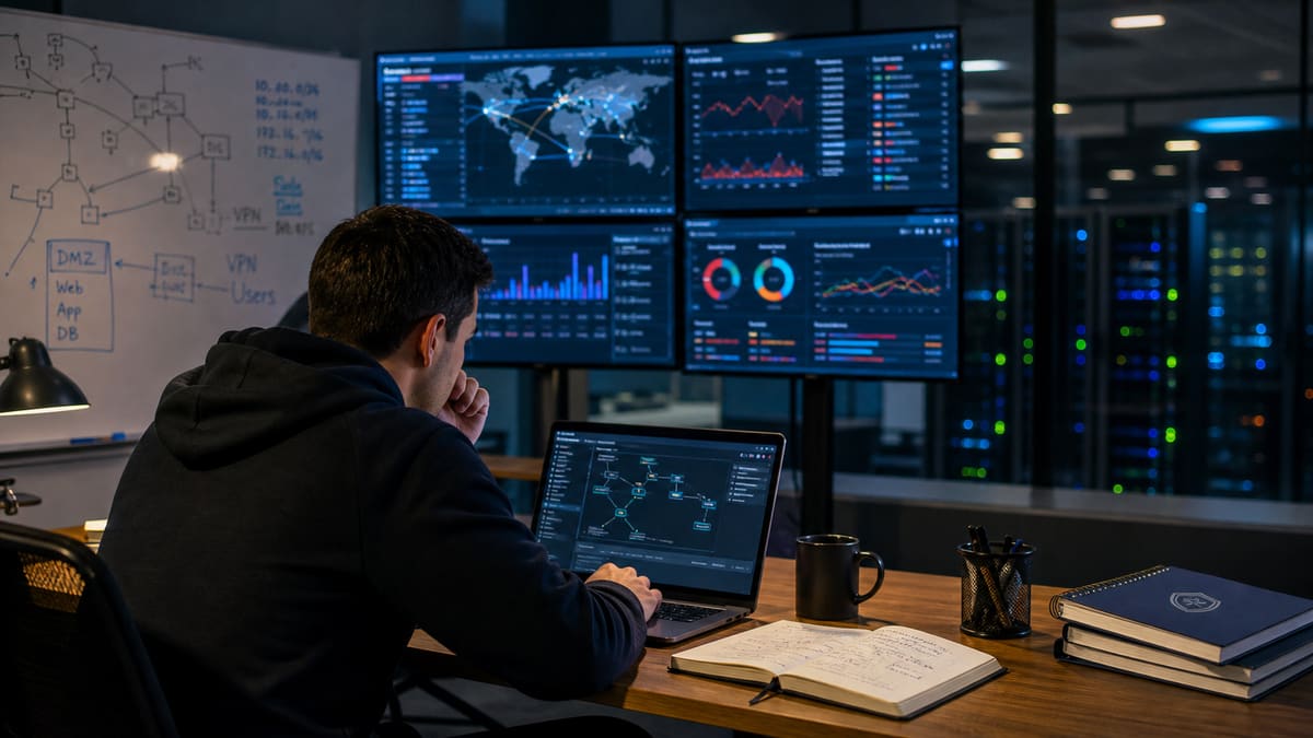 Cybersecurity learner reviewing network diagrams and security dashboards in a training lab