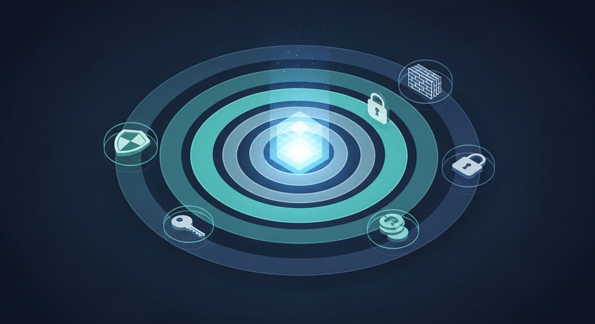 Concentric layers of digital defences surrounding a data core