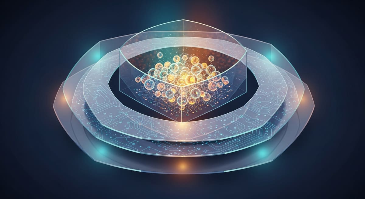Abstract illustration of layered digital security shields protecting data