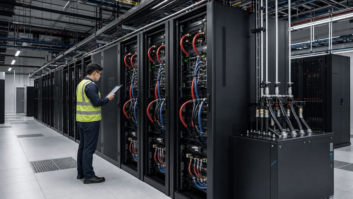 Engineer inspecting liquid-cooled AI server racks with coolant manifolds and a coolant distribution unit in a modern data centre.