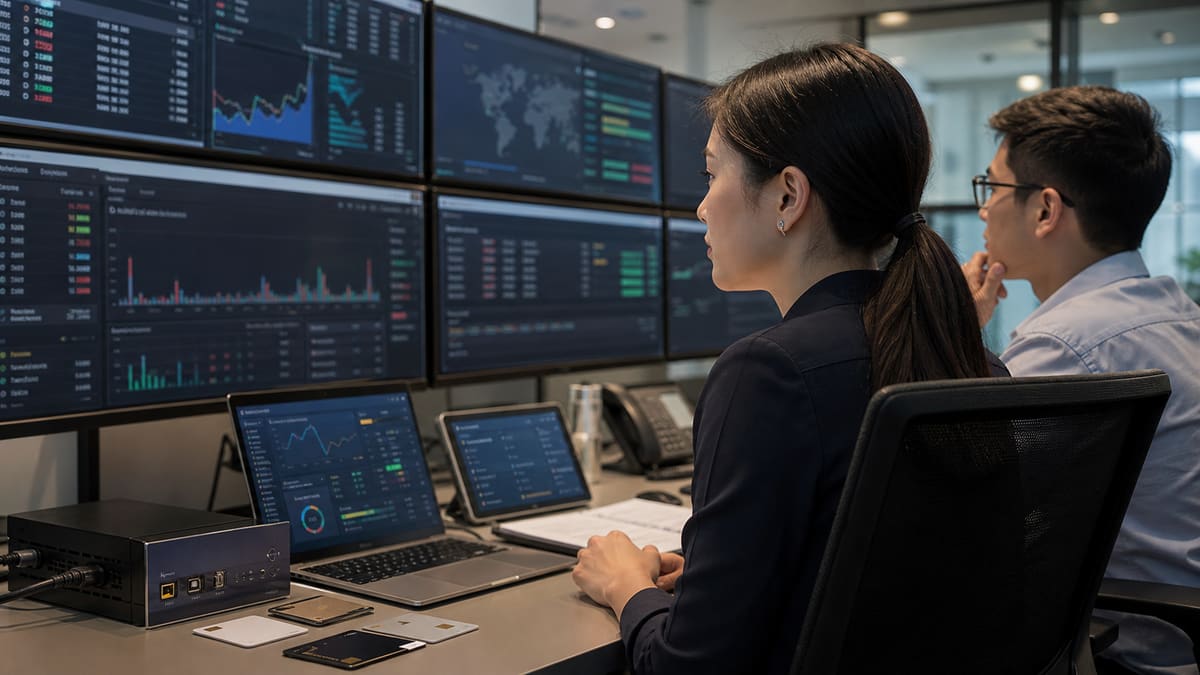 Digital asset operations analysts monitoring transaction compliance alerts and custody controls