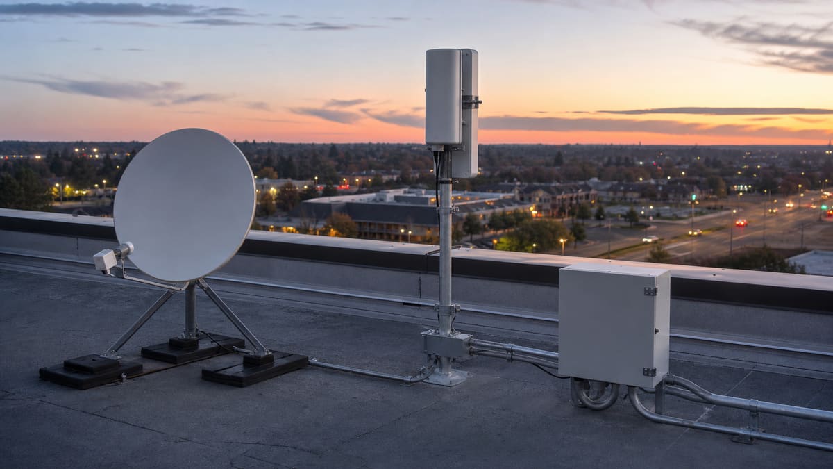 Enterprise branch rooftop with satellite terminal, fixed wireless antenna and fibre entry point