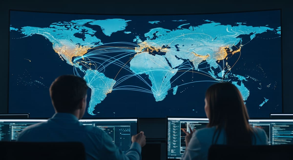 Network operations engineers monitoring global wide area network links on wall displays in a network operations centre