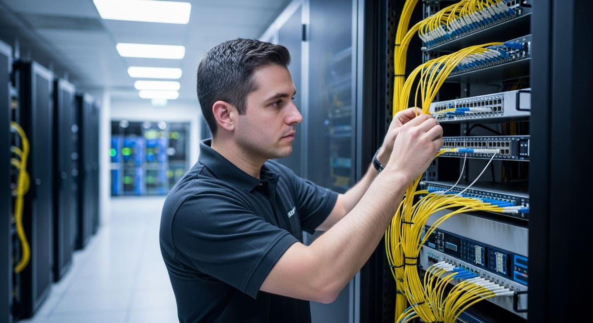 Network engineer patching single-mode fibre into DWDM optical transport equipment in a data centre meet-me room