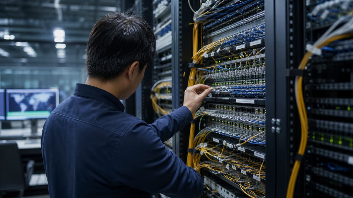 Technician inspecting enterprise fiber and Ethernet patch panels in a network operations room