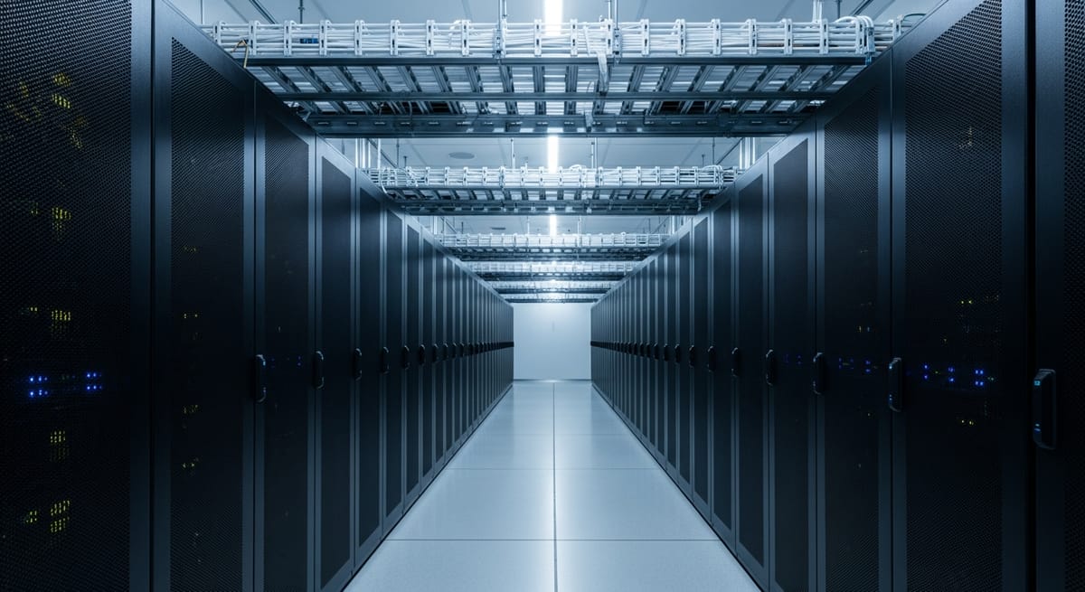 Data hall interior with rows of server cabinets under structured overhead containment and cable trays, lit in cool blue.