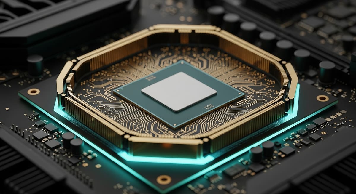 Close-up of a modern data-centre GPU module on a server board, with HBM memory stacks surrounding the main processor die.