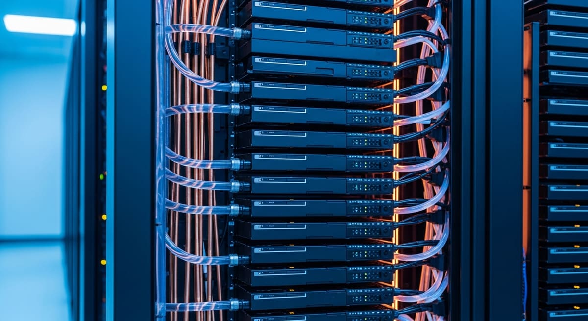 Liquid-cooled rack-scale GPU system in a data centre aisle, with dense copper NVLink cabling connecting GPU trays.