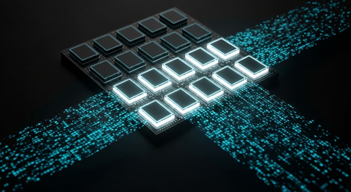 Illustration of a GPU die with highlighted Tensor Core blocks processing tiles of a large matrix multiplication.