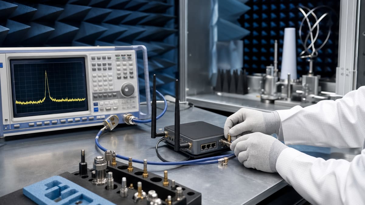 RF conformity test laboratory with spectrum analyser and telecom gateway under test