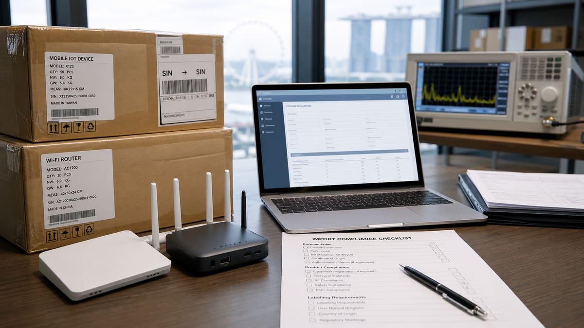 Telecom equipment import compliance desk with routers, shipping cartons and RF test equipment