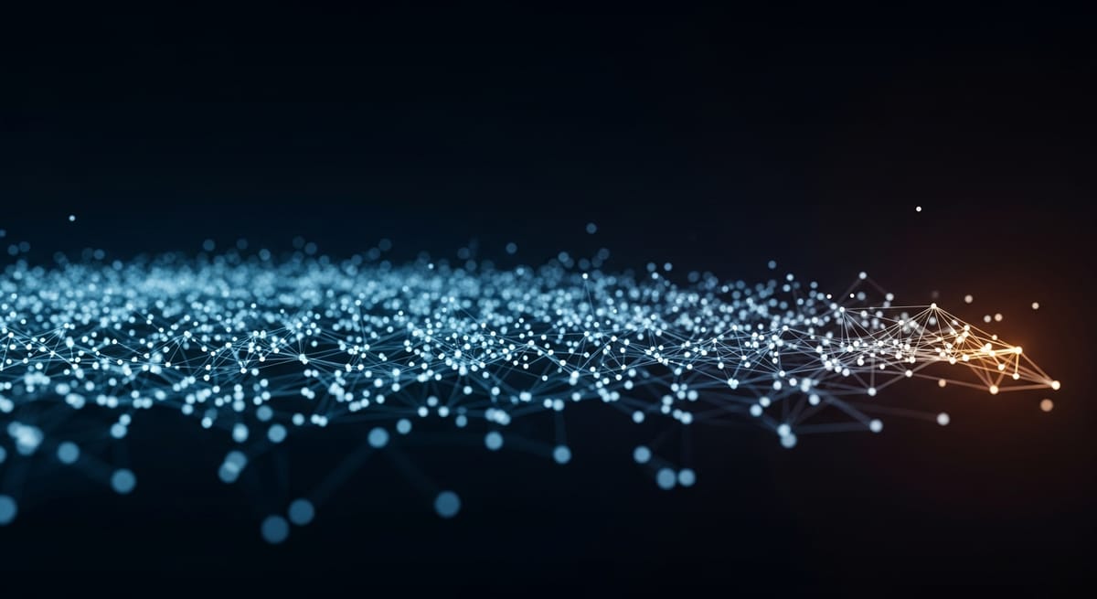Abstract network of connected nodes converging into a single bright path, representing how artificial intelligence learns patterns from data.