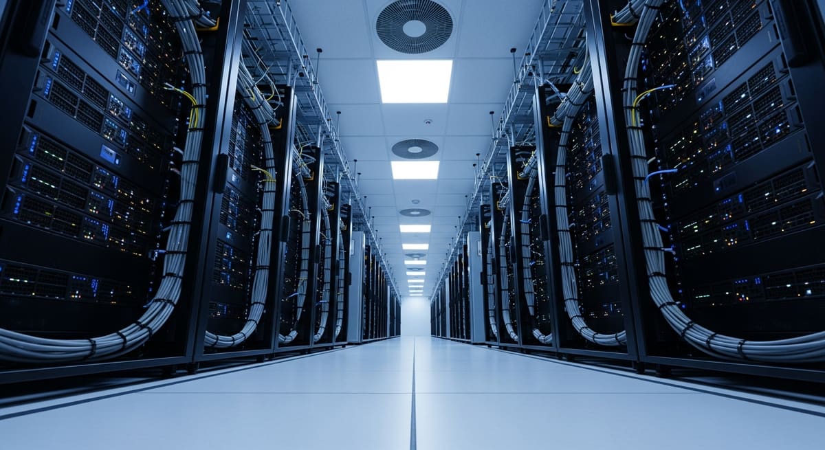 Rows of GPU server racks, structured cabling and cooling equipment in a modern data centre cold aisle.