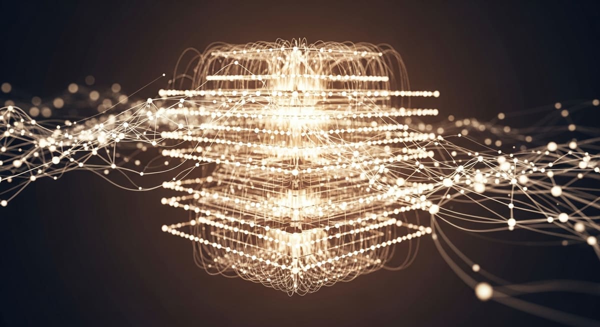 A glowing layered neural-network lattice representing the inner workings of a large language model.