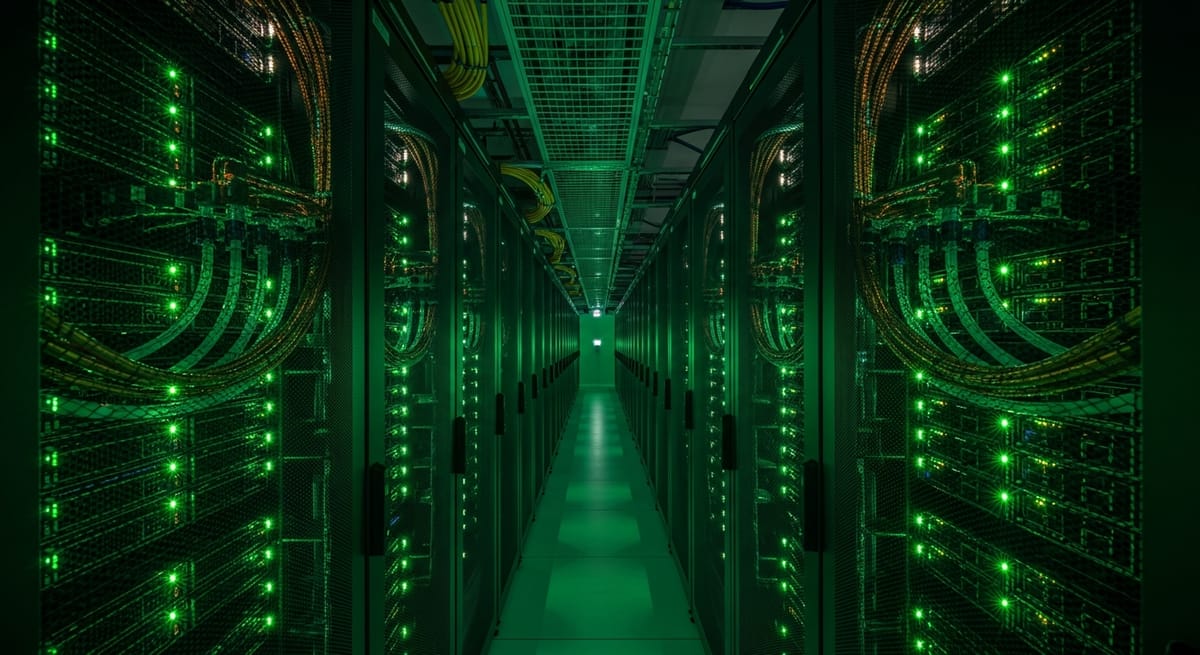 Aisle of dark GPU server racks with green status lights and liquid-cooling manifolds inside an AI data centre.