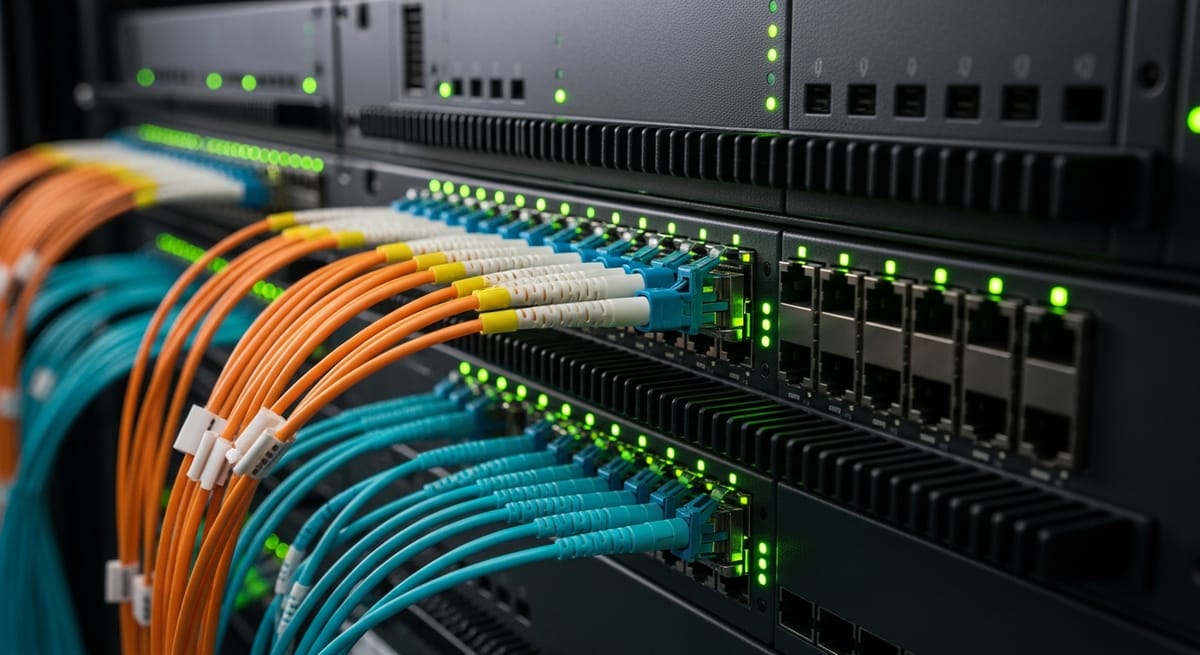 Dense fibre optic cabling entering transceiver ports on the rear of data centre network switches.
