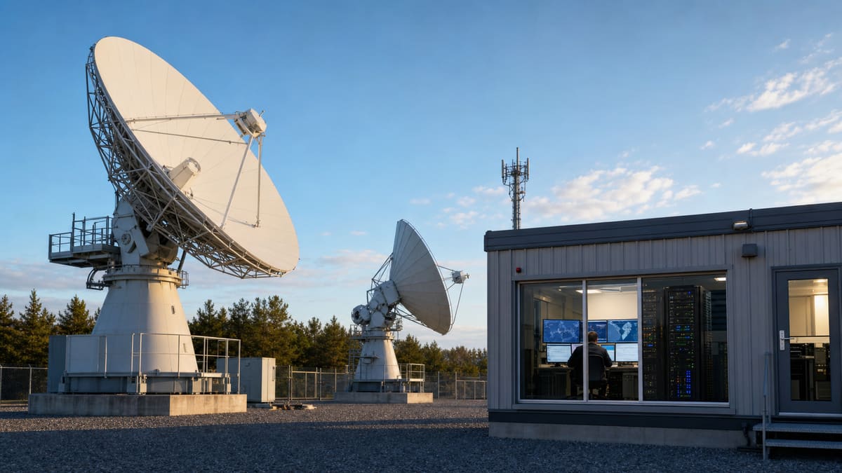 Satellite NTN ground station with parabolic antennas and network operations equipment.